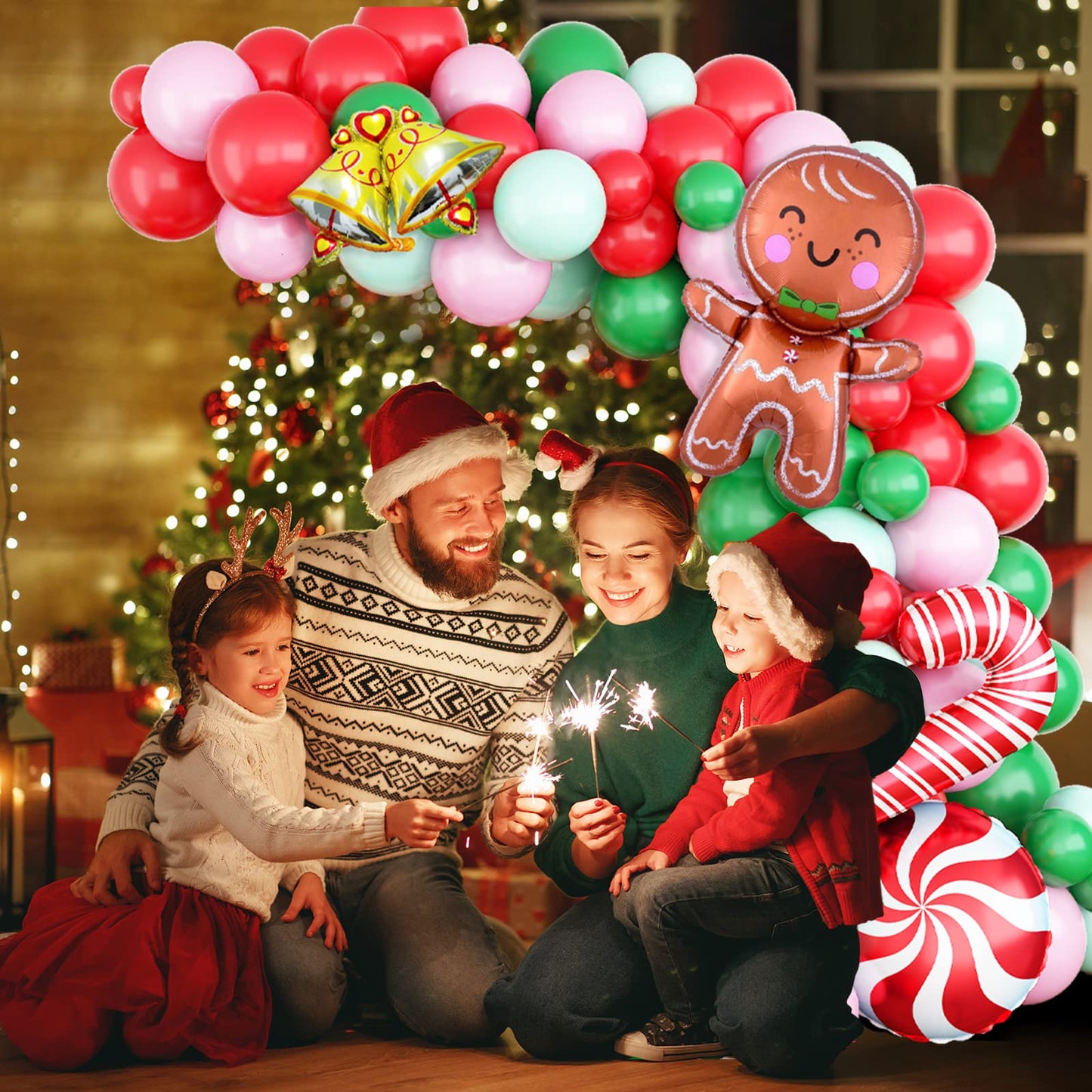 Christmas Balloon Garland Xmas Green Red White Arch kit Macaron green pink balloons Candy Bell Cane Foil Balloons With Large Gingerbread Balloon for Christmas Party Decorations Supplies