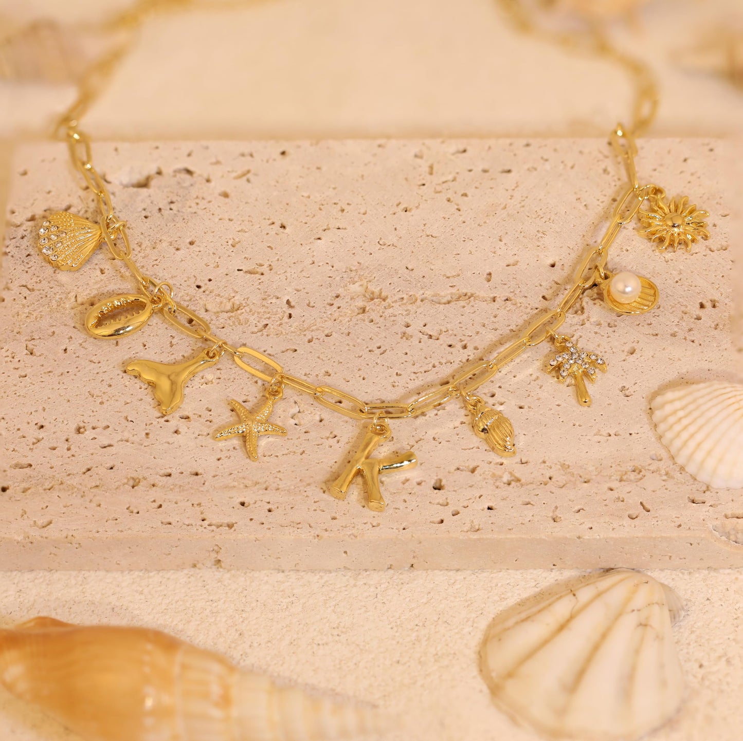 JALZEMPL Initial Charm Necklaces For Women Shell Letter Paperclip Chain Seashell Starfish Beach Summer Pendant Boho Surfer 14K Gold Plated Jewelry Gift (J)