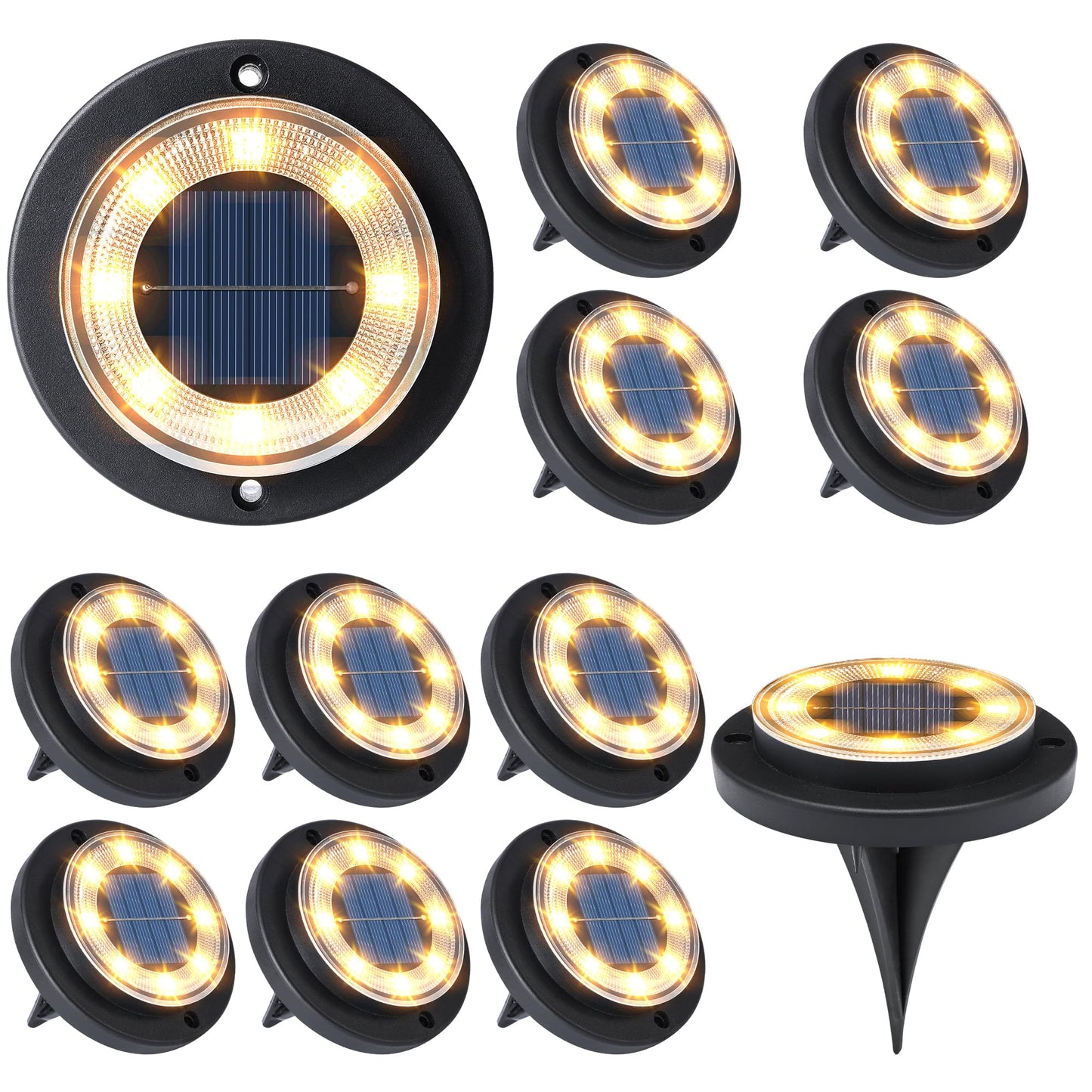 Flacchi Solar Lights Outdoor Waterproof - 2-in-1 Solar Powered Ground Lights Outdoor Solar Disk Light Landscape Light for Deck Step Patio Yard Pathway Walkway Driveway Garden (Warm White, 12 Pack)