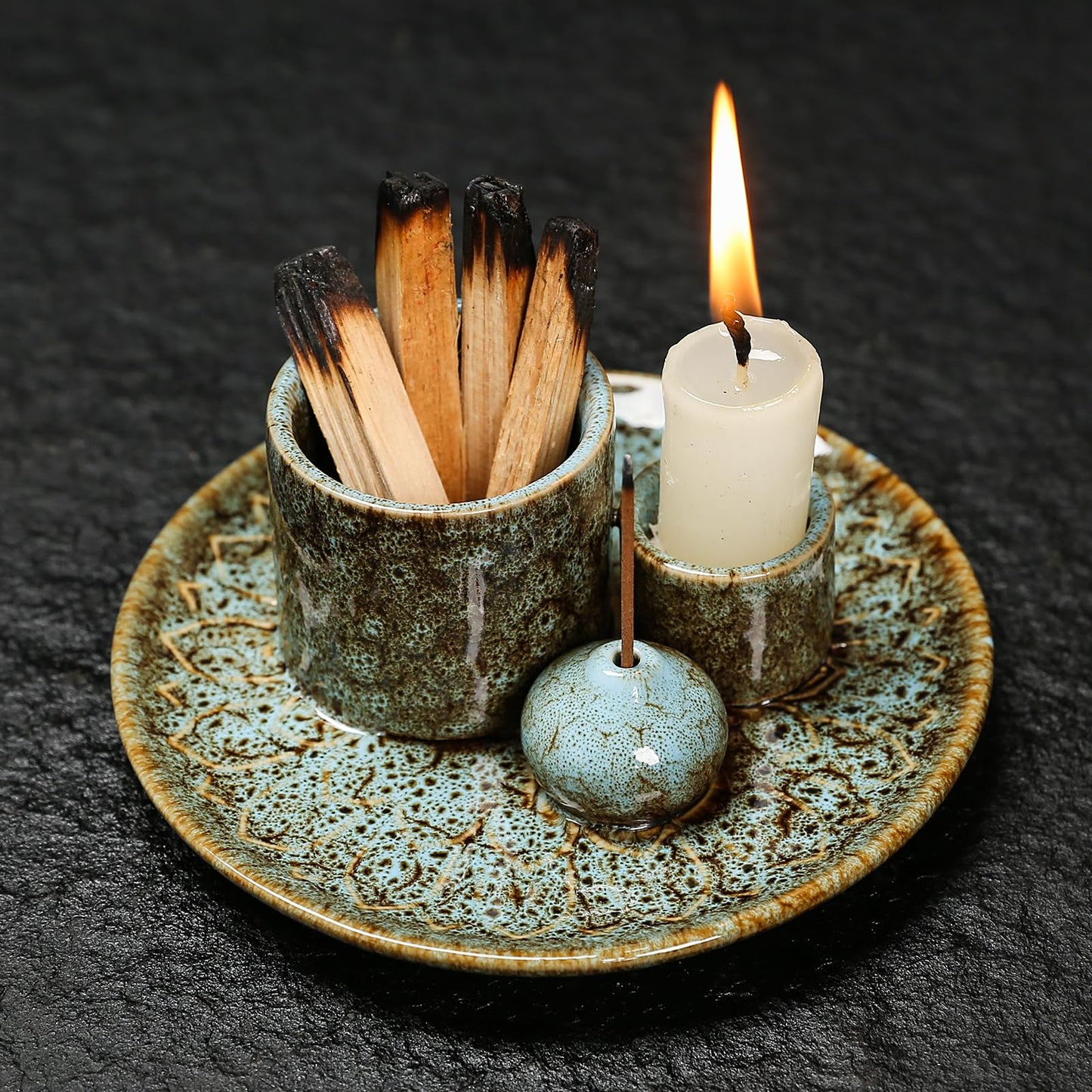 4 in 1 Multifunctional Ceramic Incense and Candle Holder with Ash Catcher Tray Suit for Burning White Sage, Palo Santo Sticks (Blue)