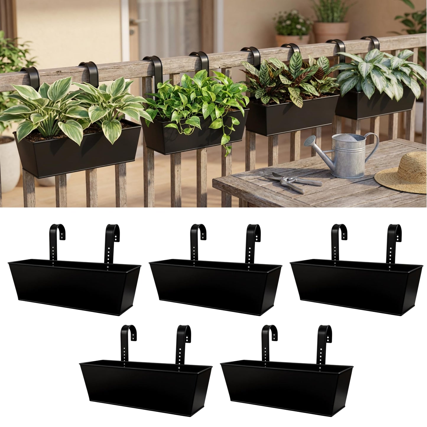 LaLaGreen Rail Planter (16 Inch, 5 Pack) Metal Planters Hanging Flower Pots Rectangular Buckets Herbs Modern Wall Mount Iron Balcony Box Plant Holder Deck Railing Fence Porch Home Outdoor Plants Decor
