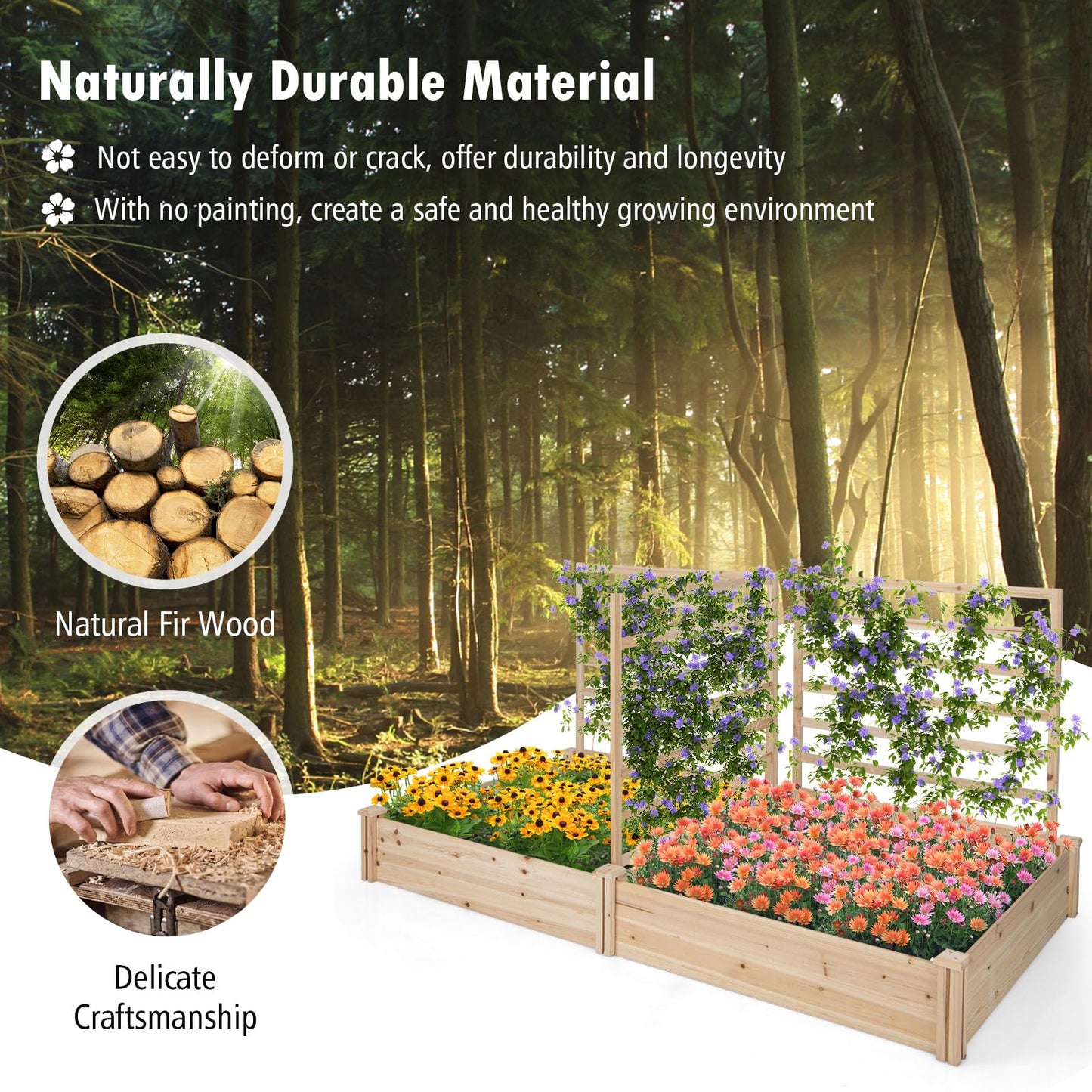 S AFSTAR Raised Garden Bed with 3 Trellis & 2 Planter Boxes, Outdoor Wooden 88" L x 45" W x 43" H Planter Box Kit for Flower Herb Vegetable Fruit Climbing Vines, Gardening Planter for Garden Patio