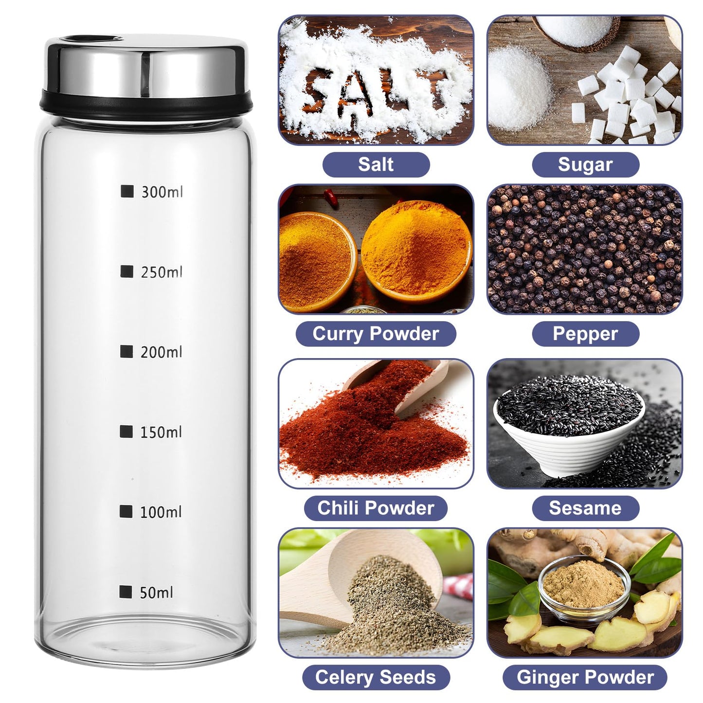 Kifmurase 4Pcs Salt Pepper Shakers with Adjustable Outlet Holes, 4 Sizes Clear Glass Shaker Bottles, Salt Shakers for Kitchen, Spice Seasoning Cans for Kitchen Decor Home Restaurant BBQ Camping