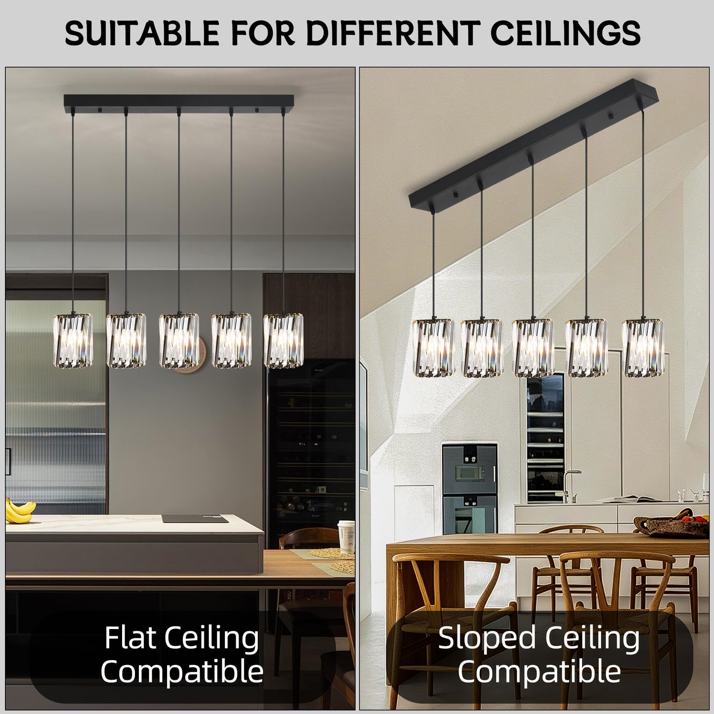 BESTWEST Linear Crystal Chandelier 5-Light Black, K9 Crystal Island Pendant Lighting Large Rectangular Ceiling Light Fixture, Adjustable Hanging Light for Kitchen Island Dining Room Living Room, E26