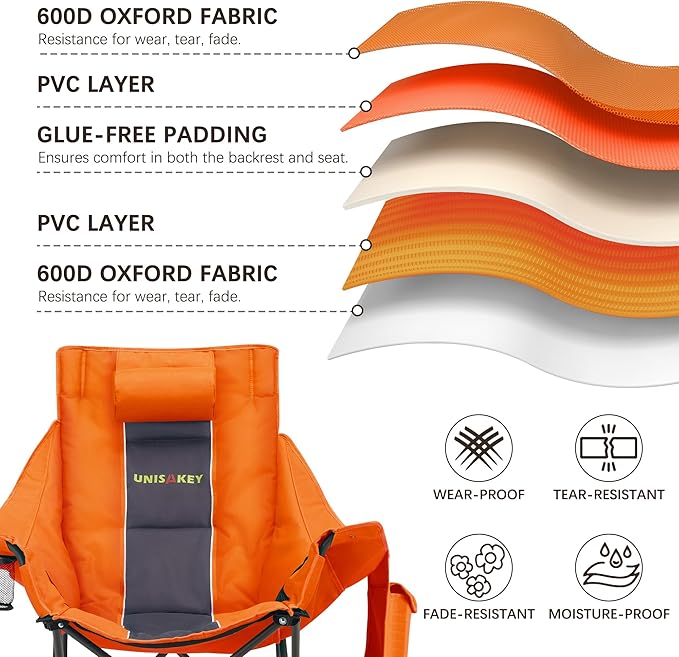 Oversized Rocking Camping Chair with Headrest & Cup Holder - 400lbs Capacity, 600D Oxford Fabric, Easy Fold Portable Outdoor Rocker Chair for Camping, Backyard, Beach, Orange