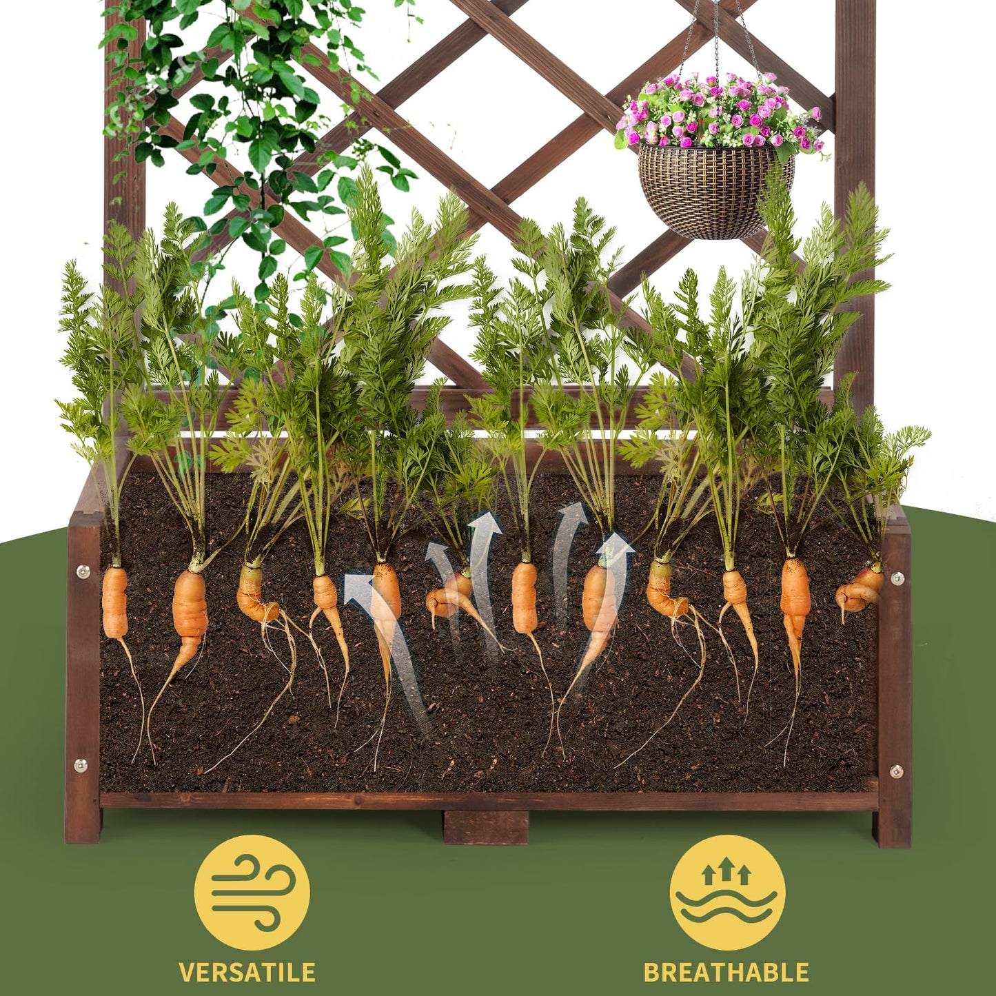 Outvita Wood Planter with Trellis, 29" x 17" x 67" Outdoor Raised Garden Bed with Drainage Holes, Vertical Standing Planter Box for Climbing Plants Vegetable in Garden, Patio, Balcony (Brown)