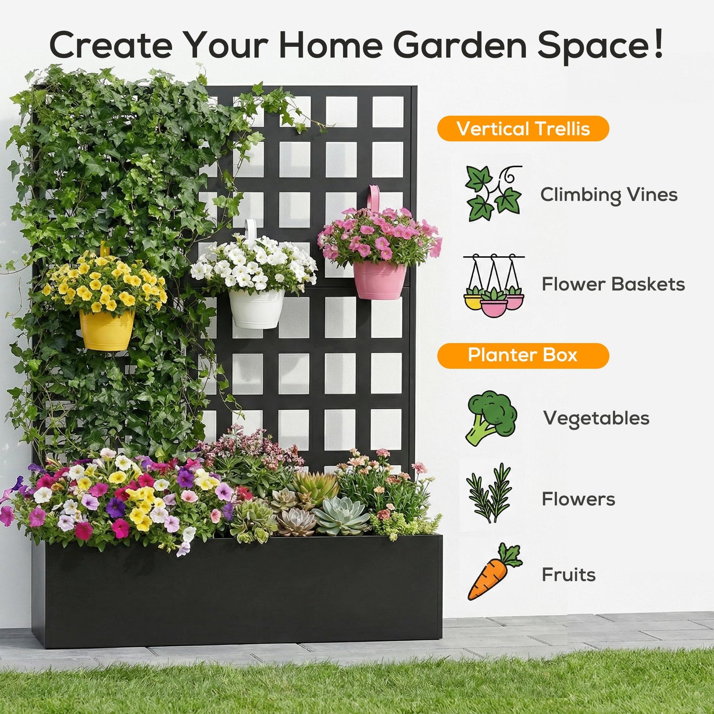 MOMOKOVA Metal Planter Box with Trellis Privacy Screen,46.65" L×12.01" W×70.87" H Raised Garden Bed with Trellis,Drainage Holes Privacy Screen Planter Box for Climbing Plants and Vegetable (Grid)