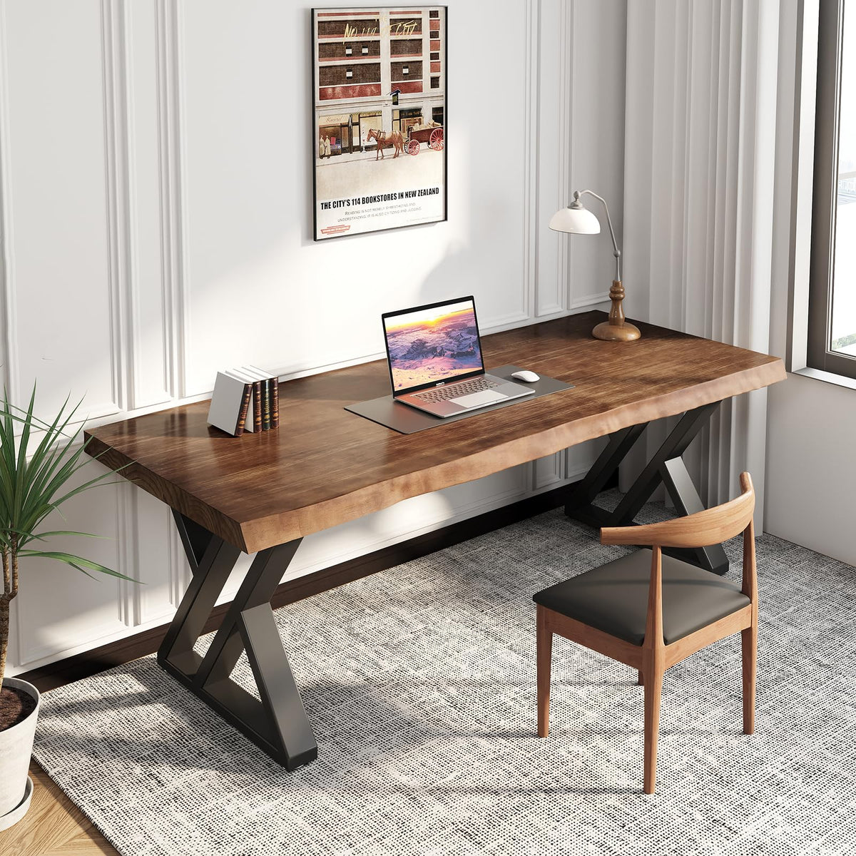 SXXjiaju Solid Wood Desk 55 inches, Home Office Computer Desk Wooden Rustic Writing Desk Metal Modern Simple Design Executive Real Wood Desk(Rustic Brown)