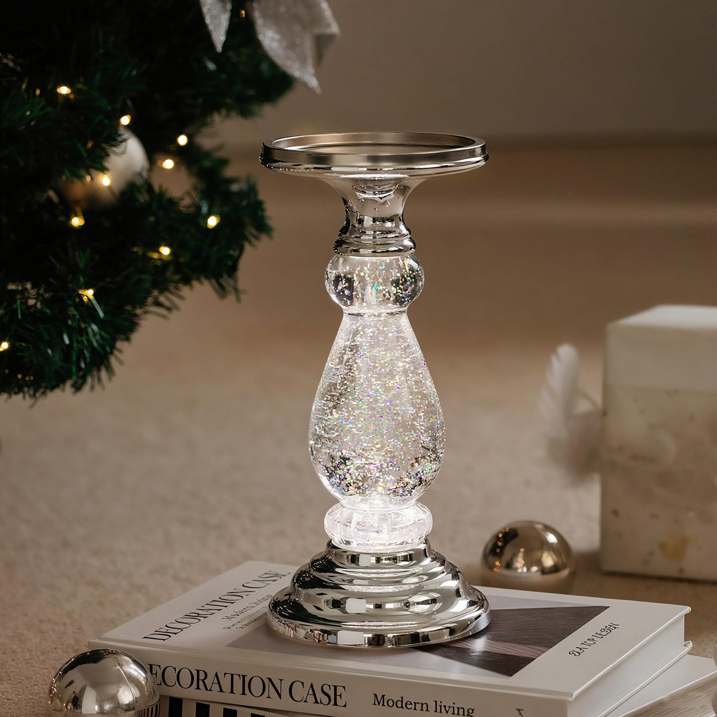Candlestick Holders Music Water Lantern Candle Holder Home Decor for Fireplace Mantel Table Centerpieces Wedding Decor Dinner Party Festive Christmas Housewarming Gift (Silvery)