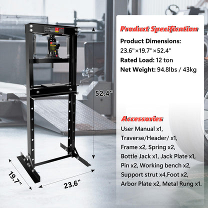 Hydraulic Shop Press,12 Ton H-Frame Garage Floor Adjustable Shop Bearing Press with Stamping Plates to Bend, Straighten, Or Press Parts, Install Bearings & U-Joints