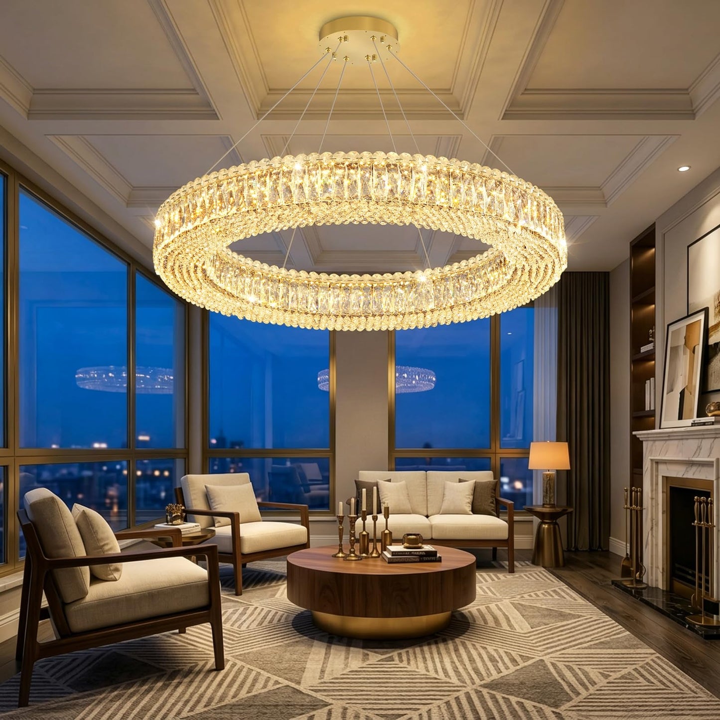 dolria Modern Crystal Chandeliers for Living Room Dimmable LED Pendant Lighting for Dining Room Ring Handing Light Fixture for Bedroom Foyer Gold