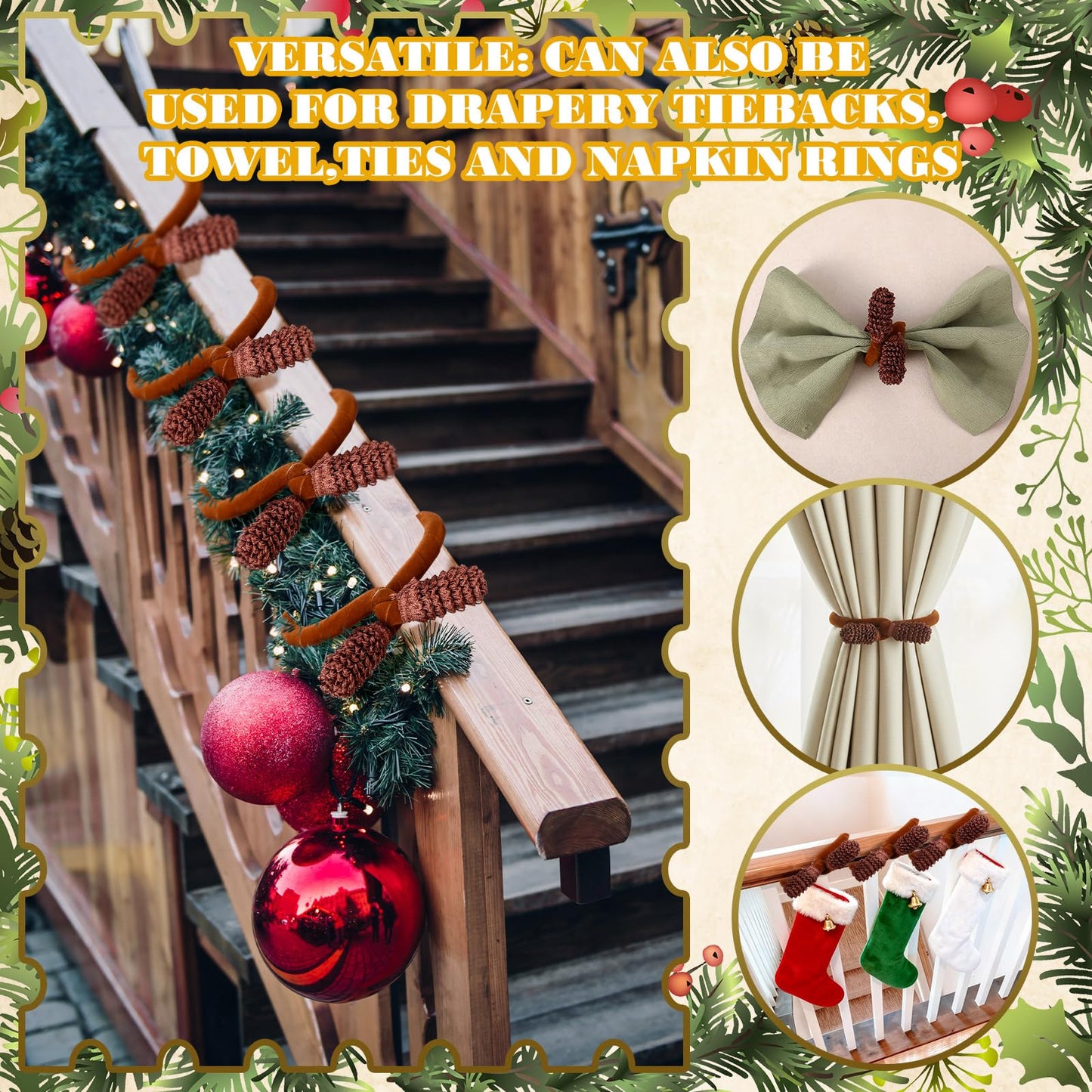 Jutom 16 Pcs 20 Inches Christmas Velvet Garland Ties Decorative Banister Twist Ties Reusable and Flexible for Xmas Light Banisters Home Stairways Railings Decoration(Brown)