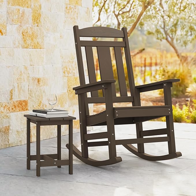 LUE BONA Outdoor Rocking Chairs Set, 3-Piece, Poly Porch Rockers with Table, Plastic Weather Resistant Rocking Chair Set for Outdoor Indoor, Garden, Backyard, 350lb, Brown, Chairs+Table