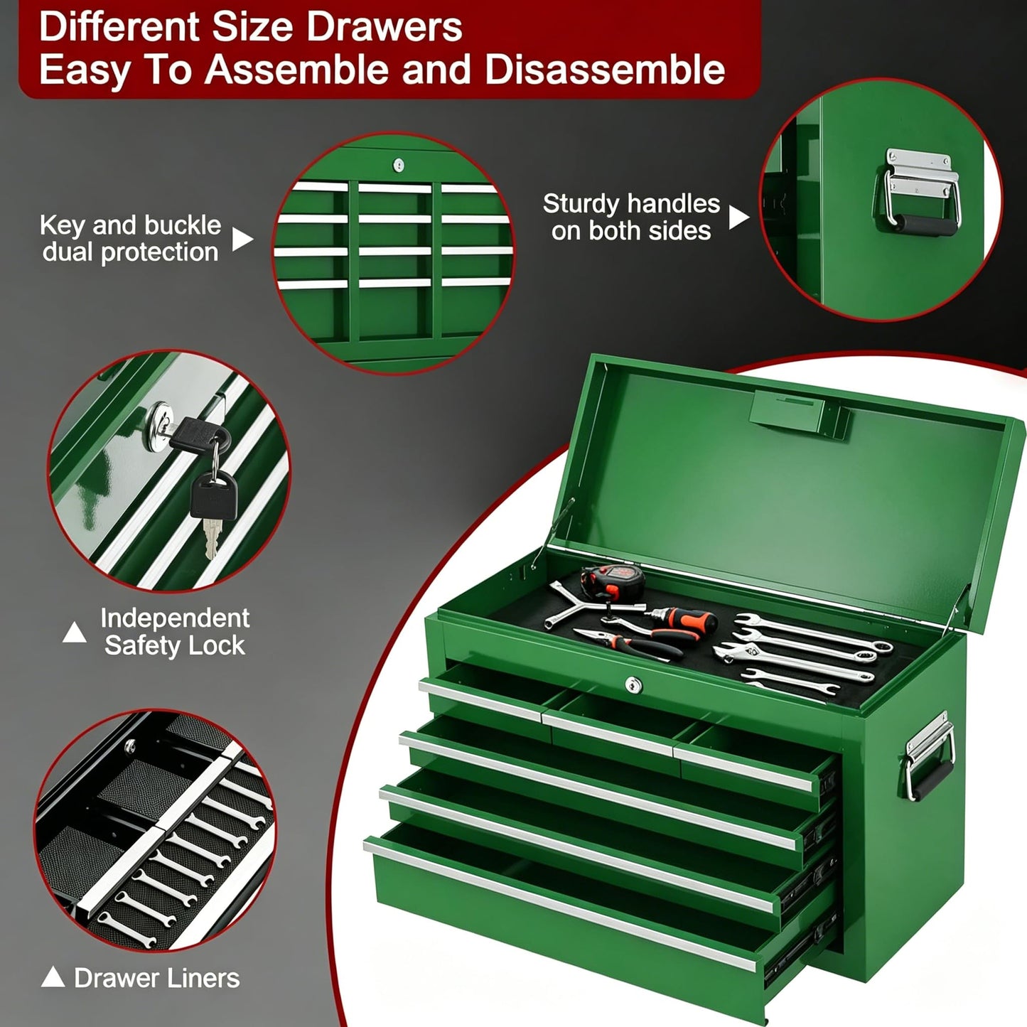 8-Drawer Rolling Tool Chest, 2-in-1 High Capacity Tool Storage with Detachable Top Cabinet, Locking System, Wheels and Liners for Garage, Workshop, Green