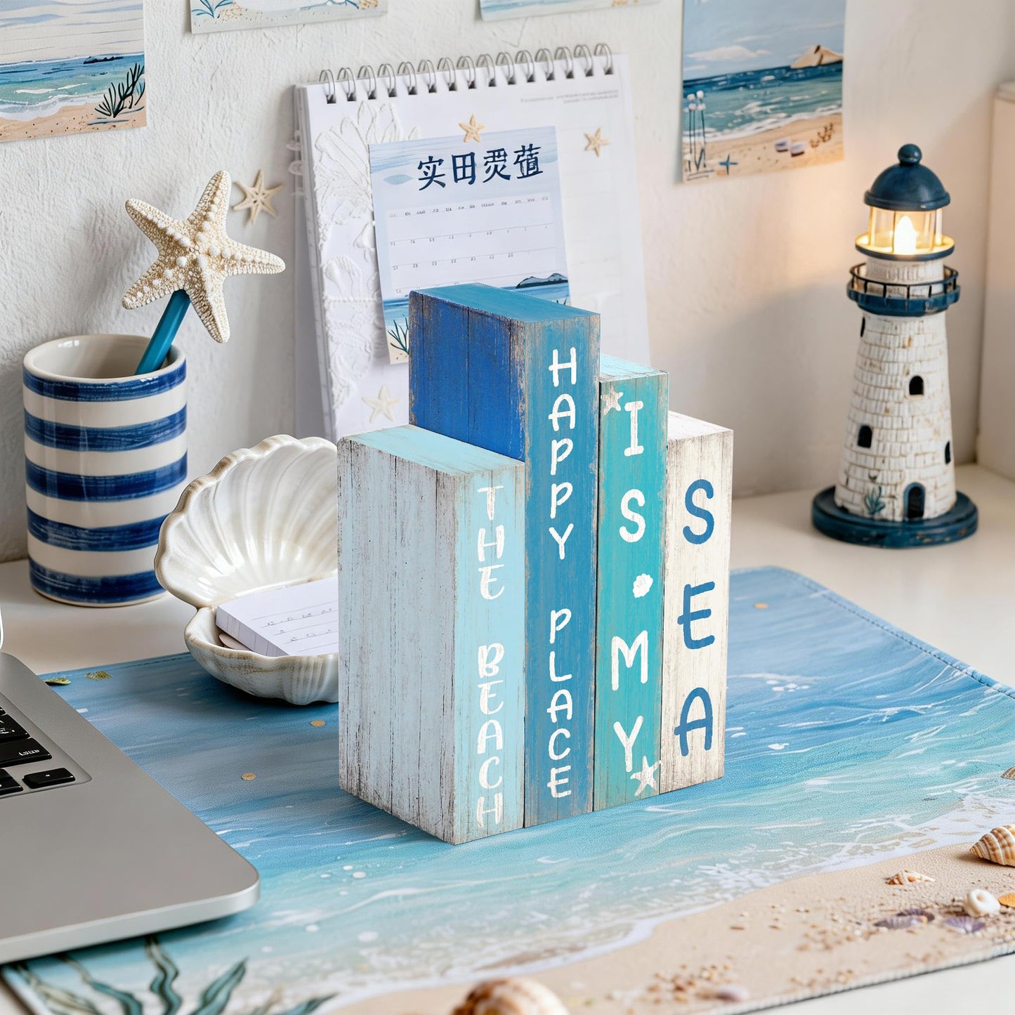 4 Pcs Beach Table Decor Ocean Rustic Wooden Book Sign Starfish Seashell Coastal Tiered Tray Decor Rustic Nautical Farmhouse Tabletop Sign Centerpieces for Summer Home Shelf Decoration