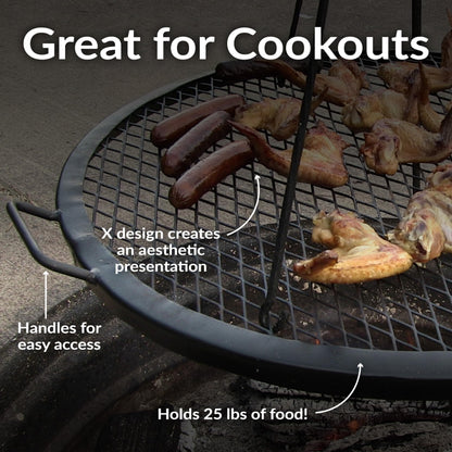 Sunnydaze X-Marks Outdoor Fire Pit Grill Grate for Cooking - Round Fire Pit Grate - Steel Campfire BBQ Grill with Handles - 30-Inch