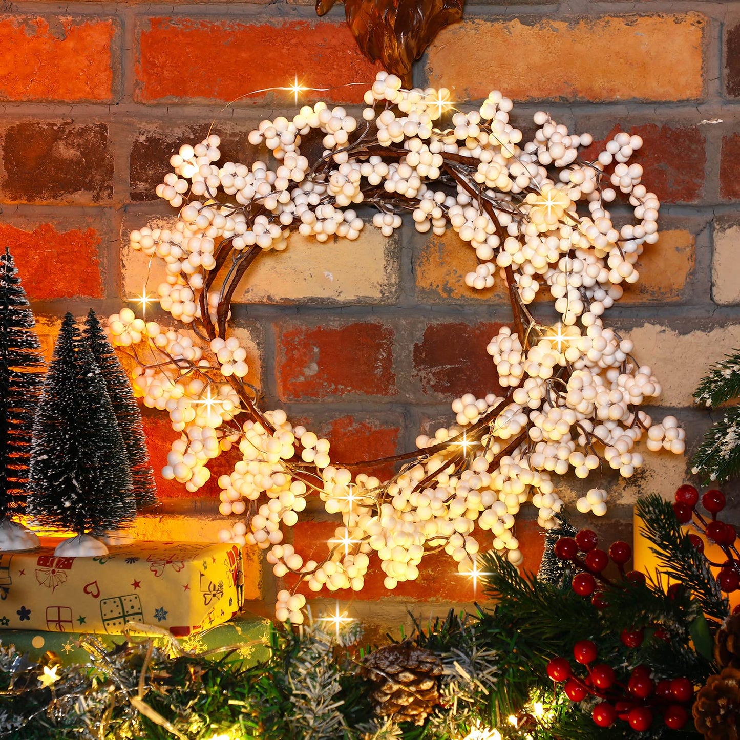Syhood Winter Berry String Garland with Lights Thanksgiving Artificial Lighted Garland for Home Xmas Winter Tree Decor Office Fireplace Mantel Decoration Holiday Valentines, 6 Ft(White, 1 Pc)