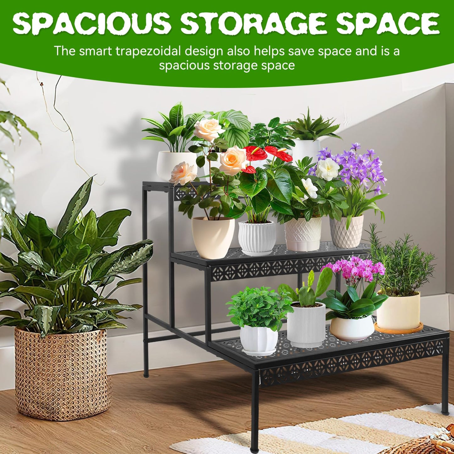 Meyoppm 3 Tier Metal Plant Stand, Ladder Flower Pot Holder Plant Stands, Tiered Plant Stand Outdoor Storage Organizer Rack for Home Garden Patio Balcony