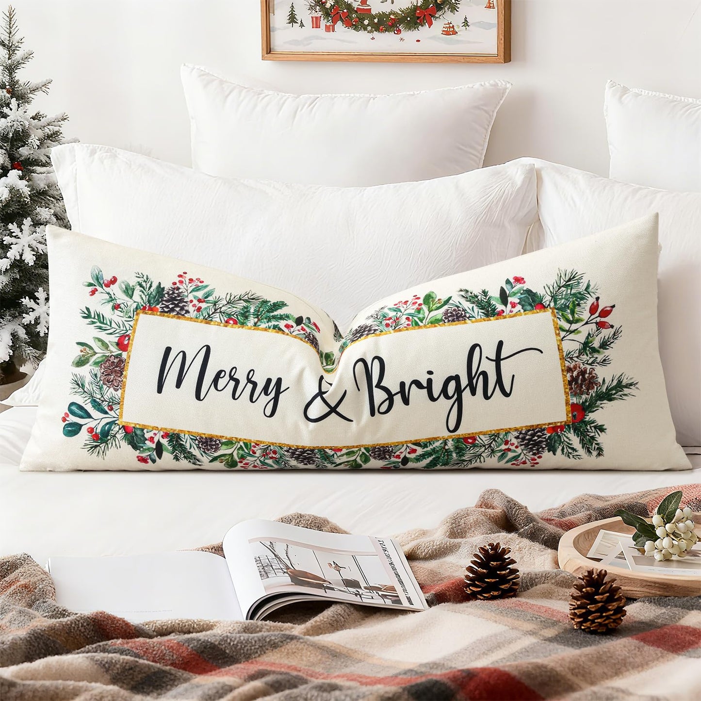 OTOSTAR Merry Bright Christmas Decor Pillow Cover 14x36 Inch Extra Long Lumbar Decorative Throw Pillow Case Eucalyptus Mistletoe Winter Holiday Cushion Cover for Couch Bed Sofa Decor (Merry & Bright)