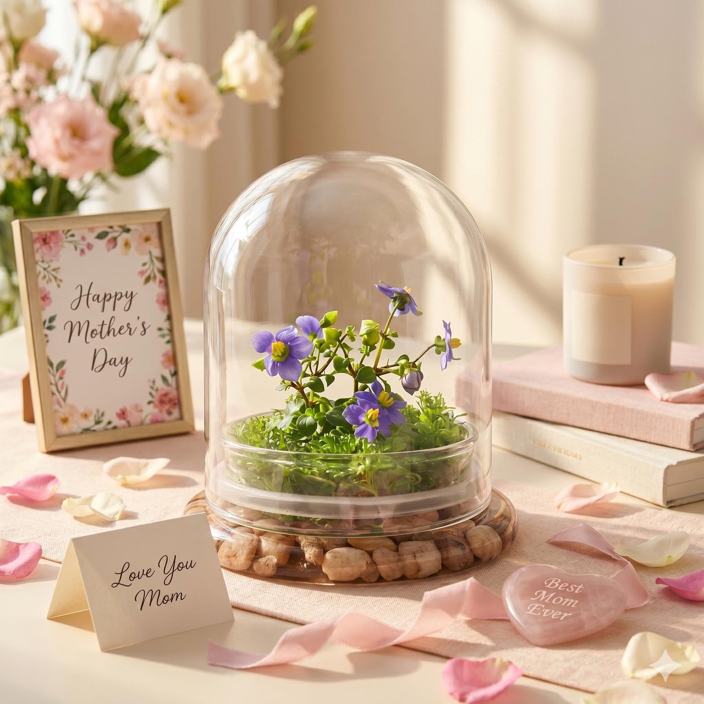 Award Winning: Persian Violet with Sundew Moss - Live Flower Terrarium in Self Sustaining Glass Jar, Maintenance Free and Blooms All-Season, Great Unique Gift and Home Decor, 100% Growth Guarantee