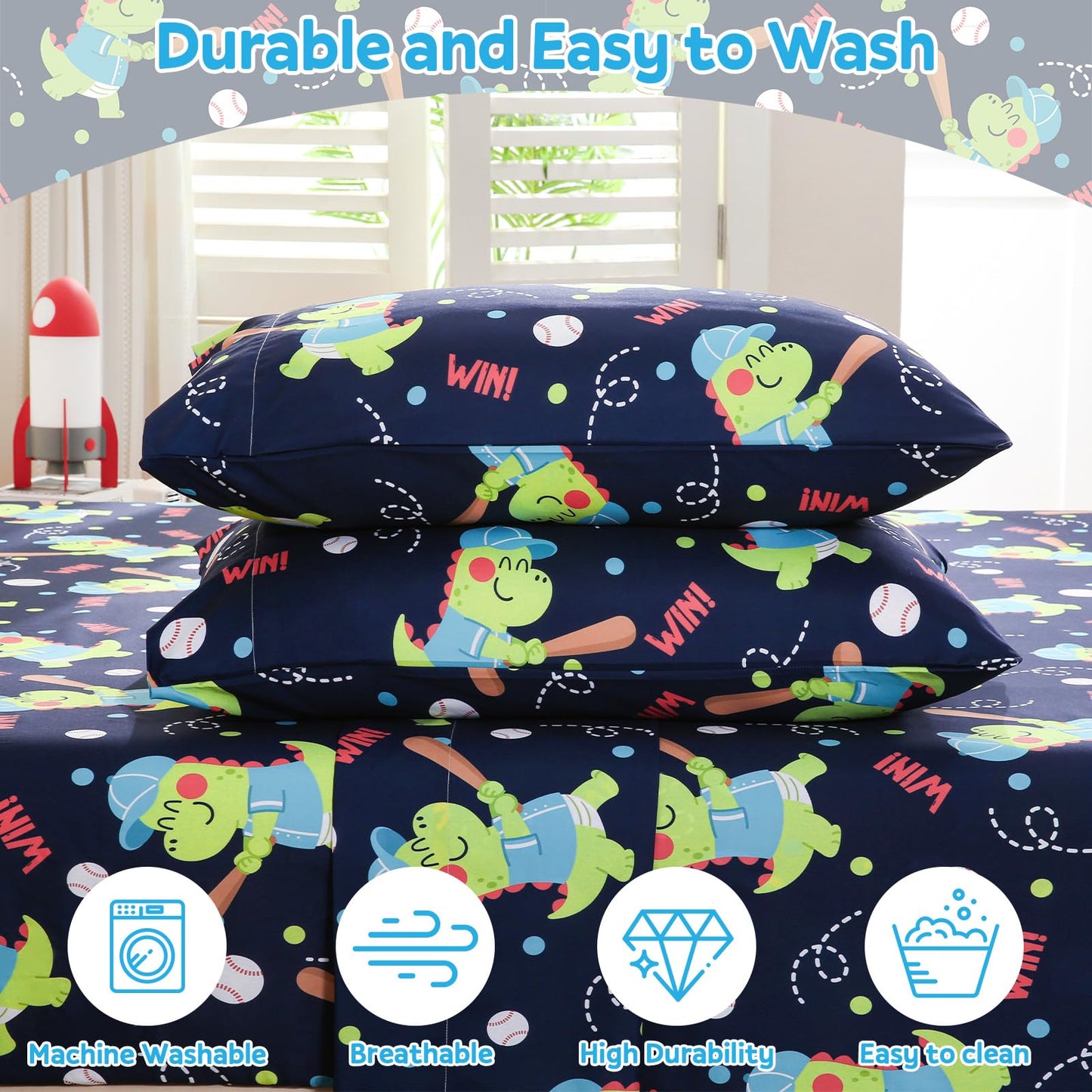 ChicView Queen Sheet Set Kids,4 Pieces Breathable Soft Microfiber Bedsheets for Child Boys Girls, Anti Pilling Deep Pockets Easy Care Bed Sheets, Dino