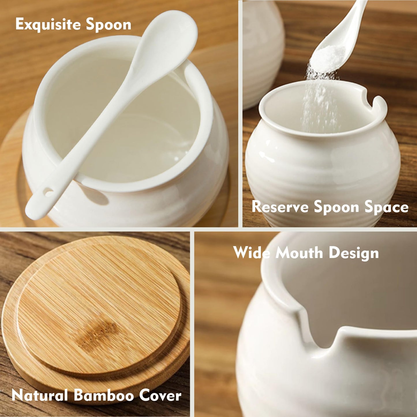 MOLADRI Ceramic Sugar Bowl with Bamboo Lid and Spoon, 11 Oz White Porcelain Sugar Salt Container Holder, Cute Farmhouse Condiment Pot for Creamer, Spice, Sugar Cube, Ghee, Coffee Bar, Countertop