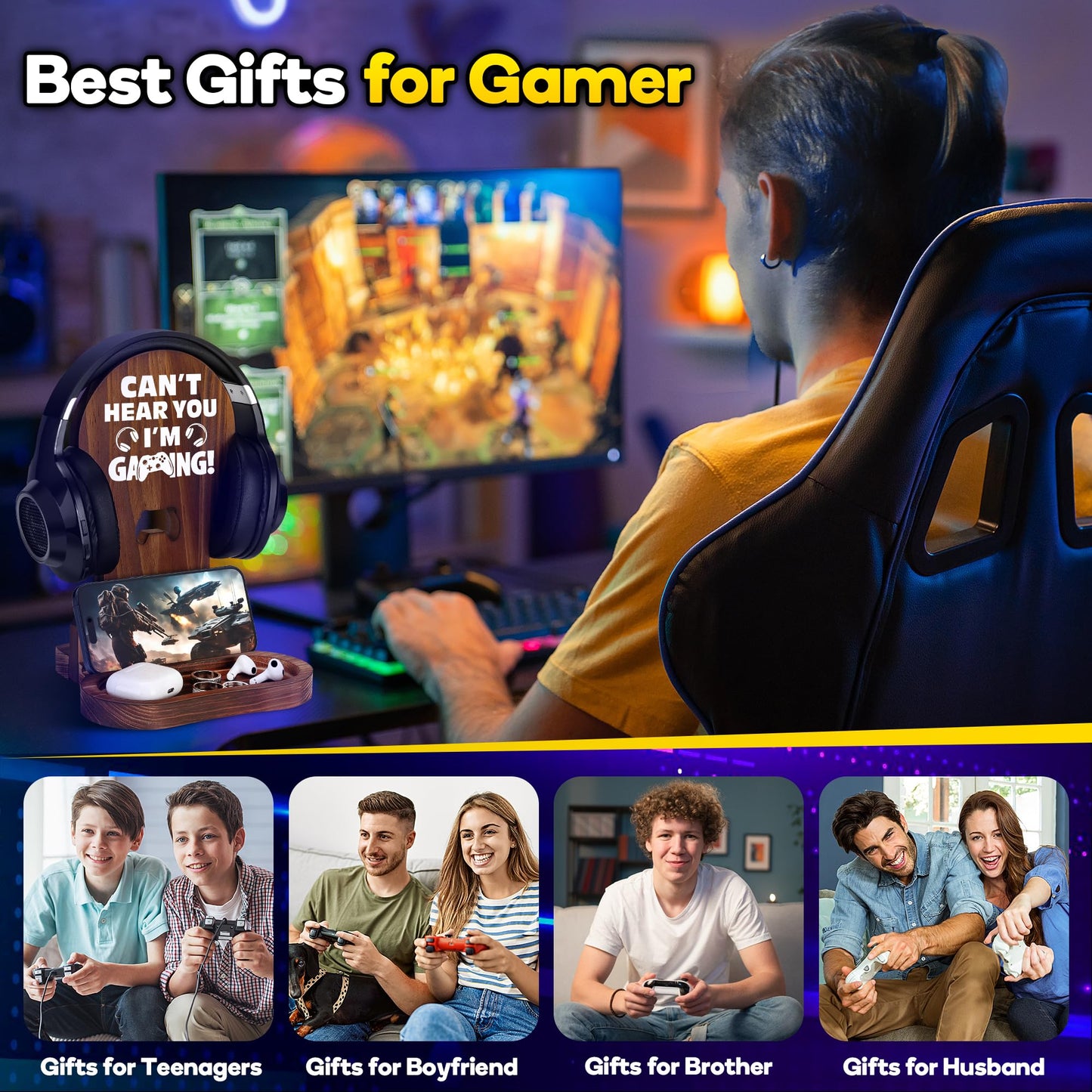 Slothoem-Gamer Gifts for Men Teenage Boy, Gamer Room Decor for Brother, Gaming Gifts for Son, Boyfriend, Husband, Gamer Room Accessories Stuff, Wooden Headset Stand - Can't Hear You I'm Gaming