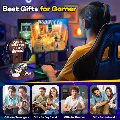 Slothoem-Gamer Gifts for Men Teenage Boy, Gamer Room Decor for Brother, Gaming Gifts for Son, Boyfriend, Husband, Gamer Room Accessories Stuff, Wooden Headset Stand - Can't Hear You I'm Gaming