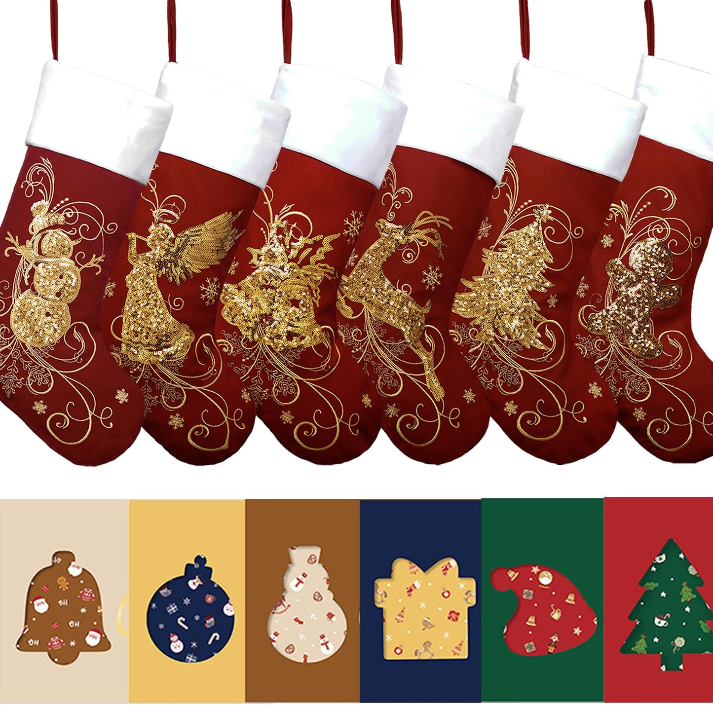 Roycraft Christmas Stockings Set of 6 Velvet Gold 19 inches Red Sequins Christmas Stockings Fireplace Hanging Ornament for Family Decorations Holiday