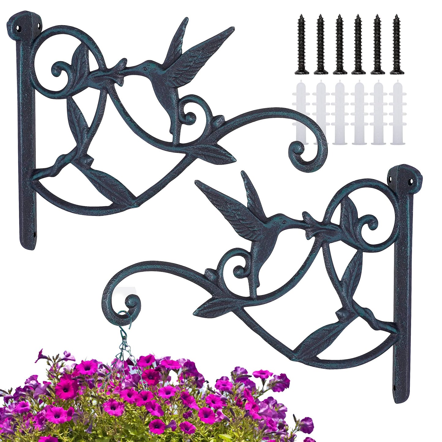 FLORWOD 2pcs Outdoor Hangers for Plants Heavy Duty, Decorative Plant Hooks for Wall 10 Inch, Cast Iron Metal Hummingbird Hooks, Rustic Atrovirens