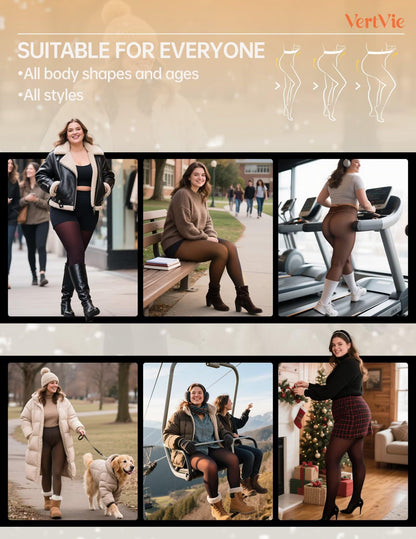 Vertvie Fleece Lined Tights Women Crotch One Seam Line Warm Sheer Pantyhose Fake Translucent Thermal Thick Tights Leggings