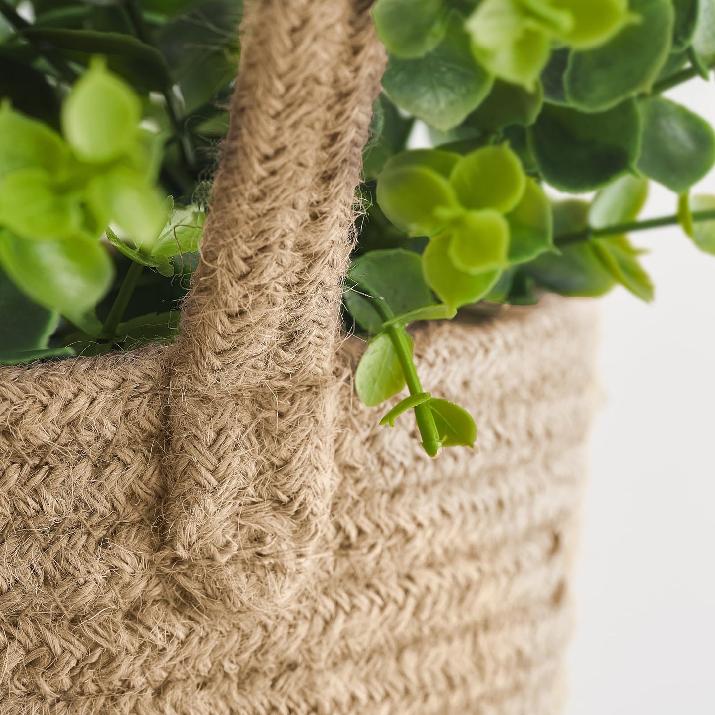 Dahey 2 Pack Wall Hanging Rope Basket (6.5"W×7"H) with Artificial Eucalyptus, Jute Woven Storage Organizer Flower Plants Basket Farmhouse Rustic Wall Decor for Porch Living Room Bedroom Entryway,Brown