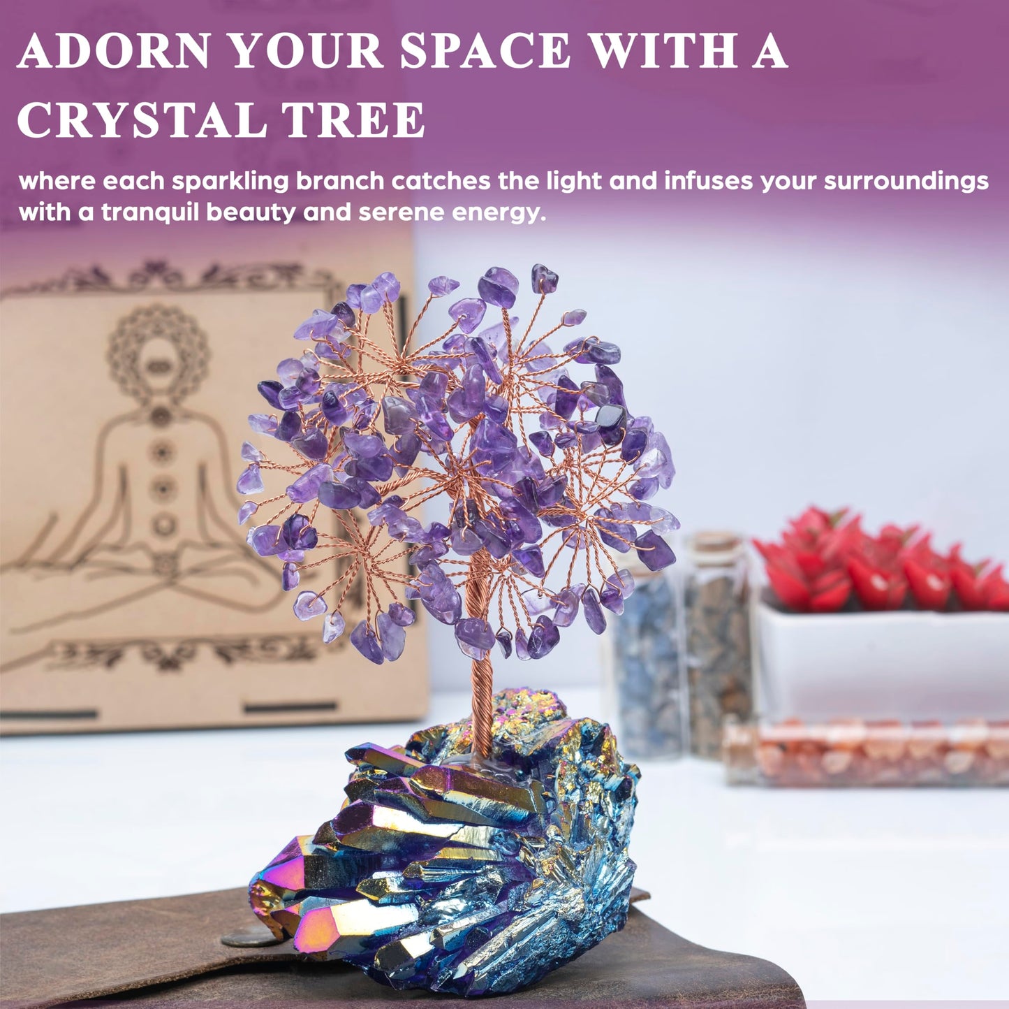 Crocon® Amethyst Crystals Tree with Rainbow Titanium Cluster Base Tree of Life Decor for Shelf, Birthday Gifts for Women, Sister Gifts, Birthday Gifts for Mom, Cute Home Decor, Purple Decor Present
