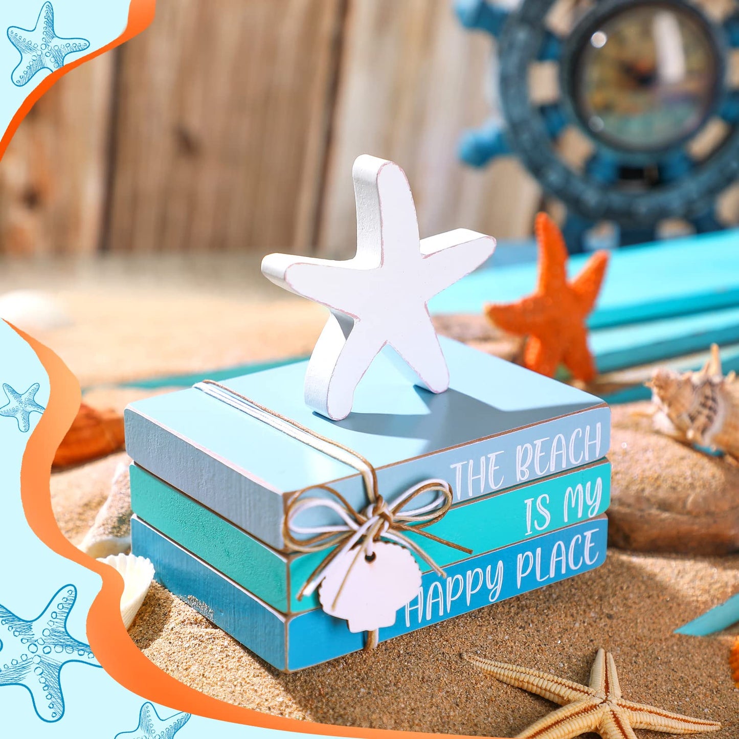 Pinkunn 4 Pcs Summer Table Coastal Theme Decorations Wooden Beach Starfish Stacked Book Sign Nautical Tiered Tray Signs & Plaques for Tabletop Shelf Mantel Office Beachy Room Decor