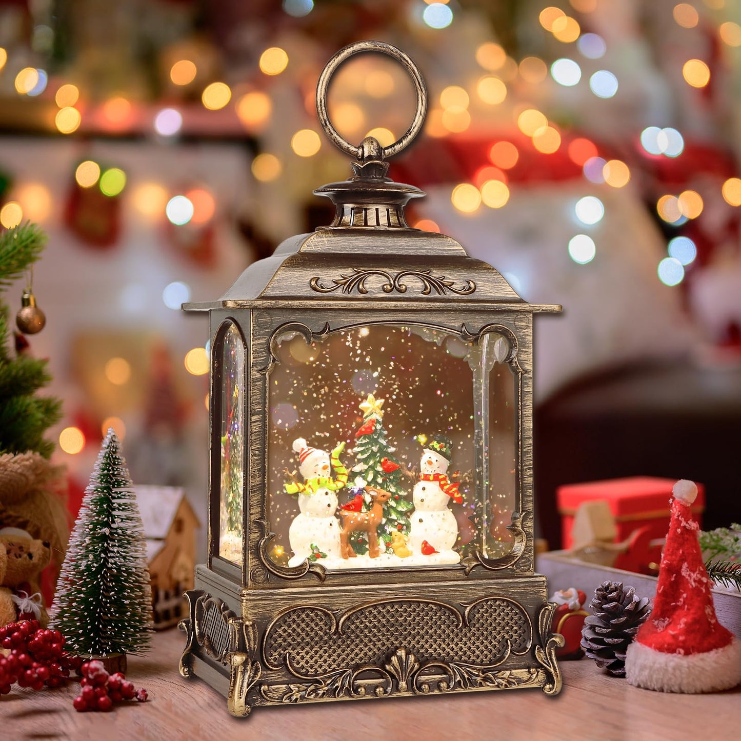 LSISOVO Christmas Snow Globe Lantern,Christmas Decorations Indoor for Home,with 6 Hour Timer Musical Snow Globes,Battery Or USB Powered Swirling Glitter Lantern Christmas Decor Gifts,Snowman Child