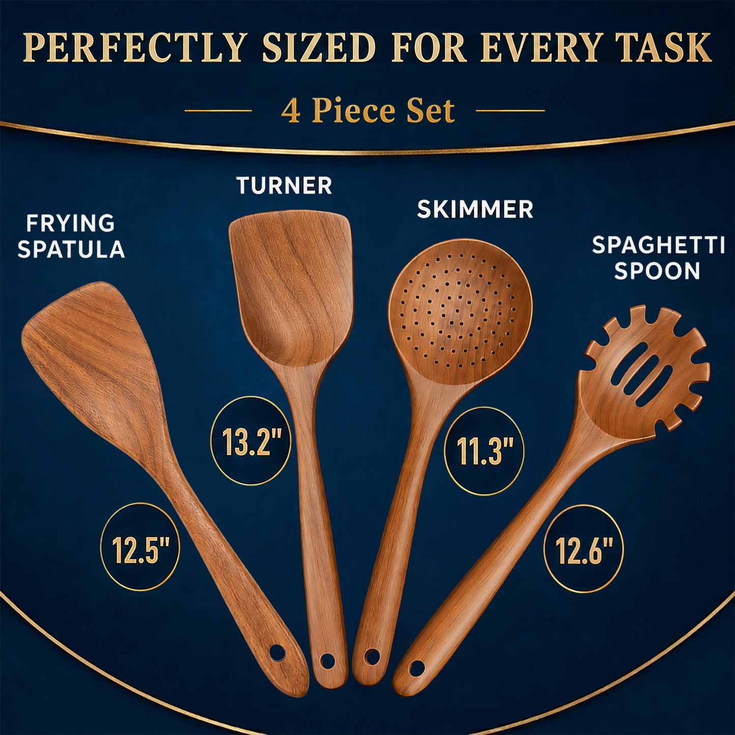 Extra-Large 4-Piece Teak Wooden Utensil Set – Non-Stick Wooden Spatula for Cooking, Skimmer Spoon & Spaghetti Spoon – Non Toxic Cooking Utensils