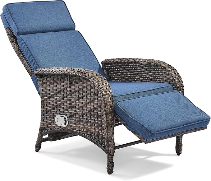 Zero Gravity Wicker Patio Recliner Chair - Wicker Outdoor Lounge Chair with Adjustable Backrest & Footrest, All Weather Outdoor Reclining Chairs with Thick Cushion for Pool Deck Blue