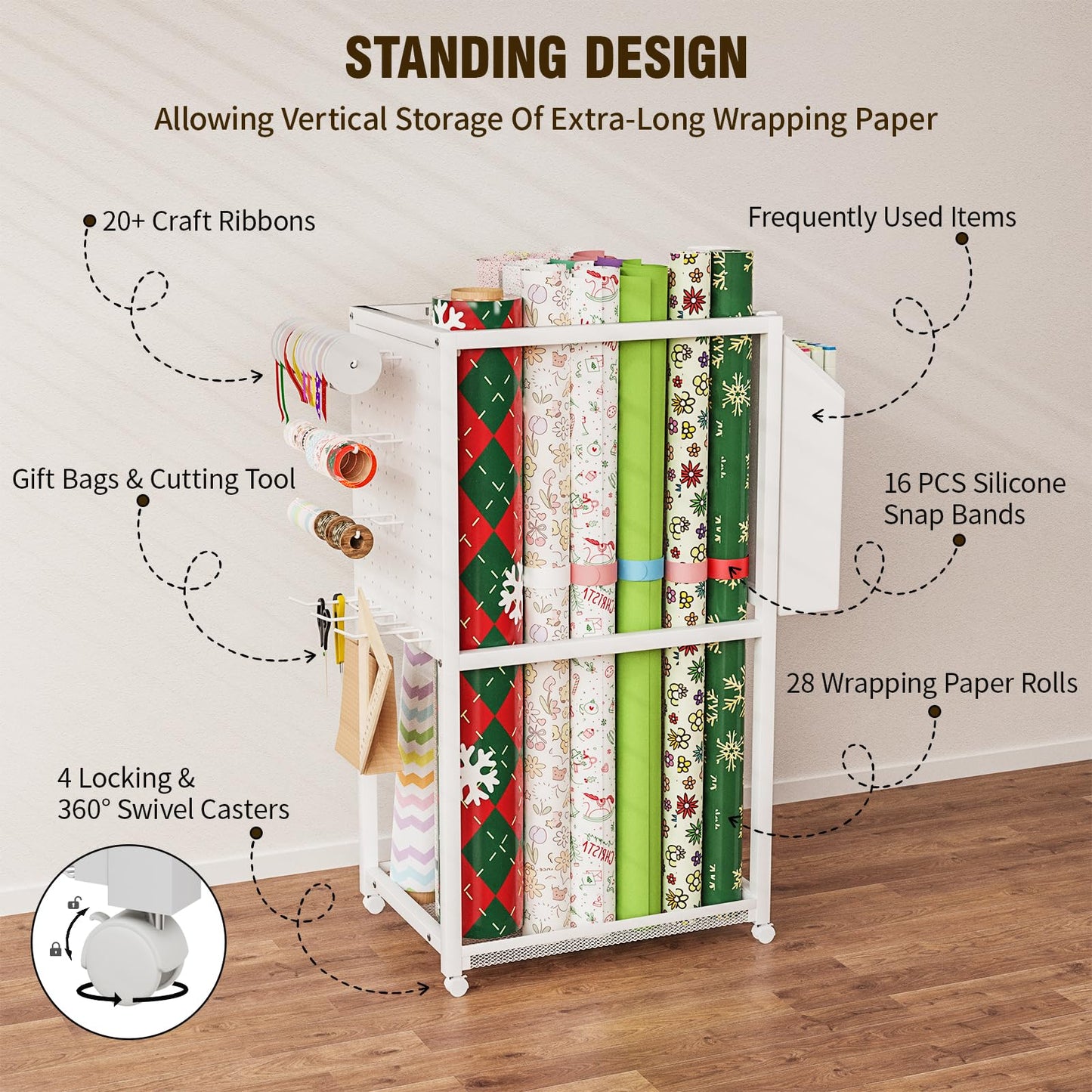 Wrapping Paper Organizer with Wheels, Metal Gift Wrap Storage Cart, Vertical Craft Organizer with 16 Slap Bands for Wrapping Paper Rolls, Wrapping Supplies Storage