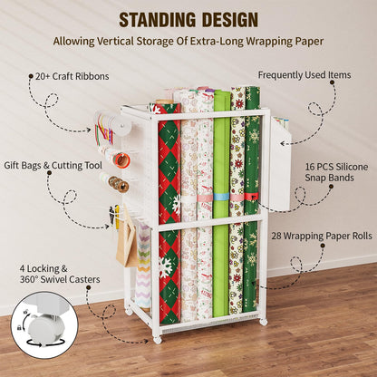 Wrapping Paper Organizer with Wheels, Metal Gift Wrap Storage Cart, Vertical Craft Organizer with 16 Slap Bands for Wrapping Paper Rolls, Wrapping Supplies Storage