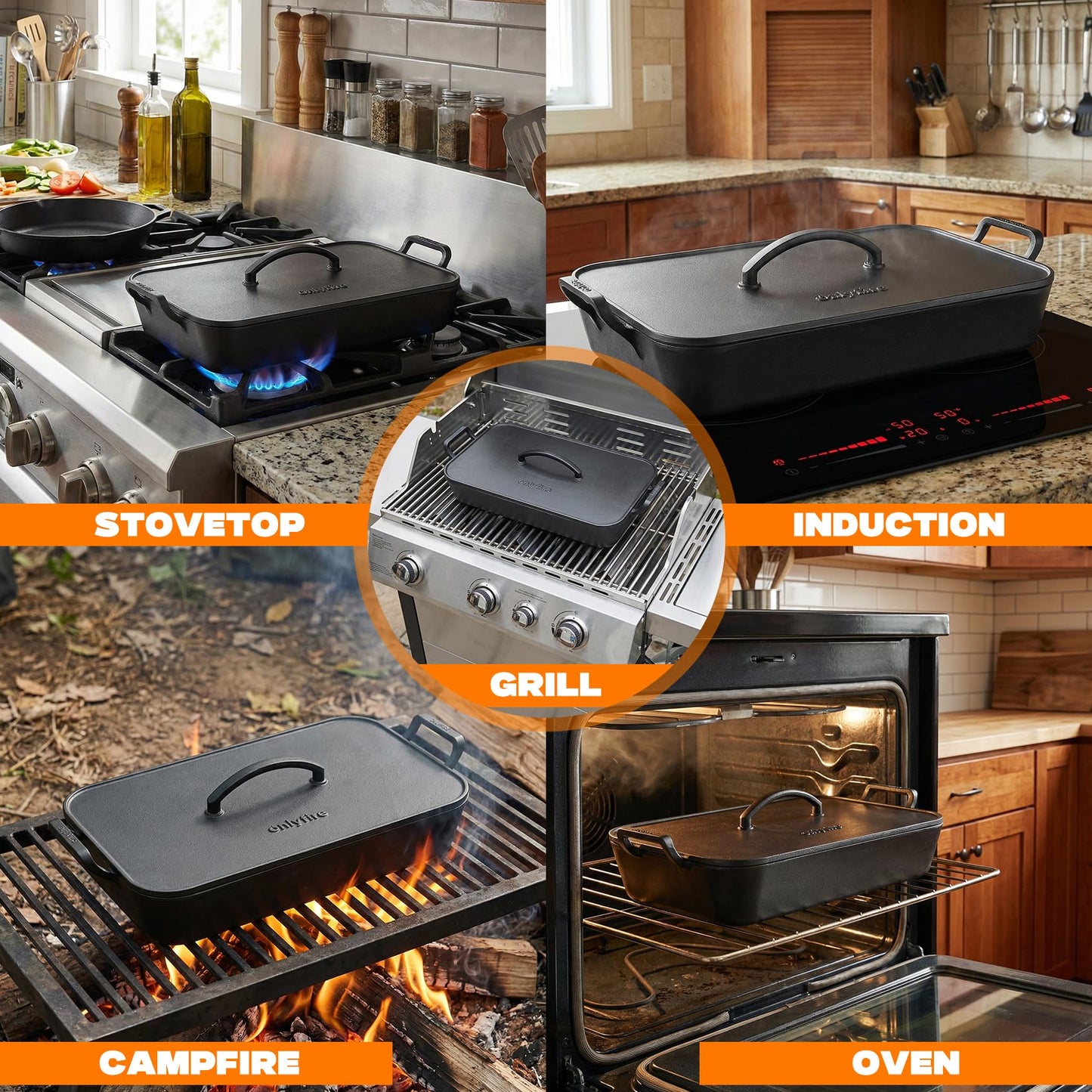 Onlyfire Cast Iron Dutch Oven, Casserole Dish with Skillet Lid & Handle for Induction, Gas & Oven, Baking Pan Griddle Pot Set for Stewing, Searing & Bread Baking, 16.5"x10.5"x7"