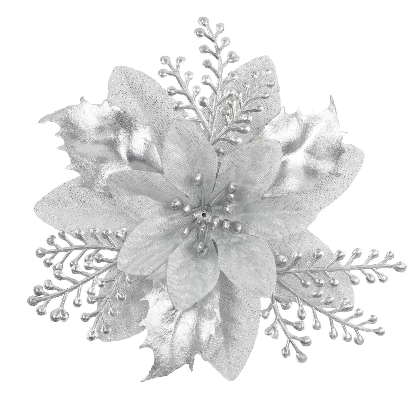 Christmas Tree Decorations 6“ Glitter Poinsettia Flowers - 24 Pcs Christmas Artificial Flowers for Tree Ornaments with Clips, Festive Decorations for Wreath, Mantel & Home Christmas Decor, Sliver
