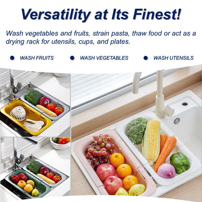 Extendable Sink Colander Strainer Basket - Wash Vegetables and Fruits, Drain Cooked Pasta and Dry Dishes - Adjustable Over the Sink Colander Collapsible Drainer Basket -Gray