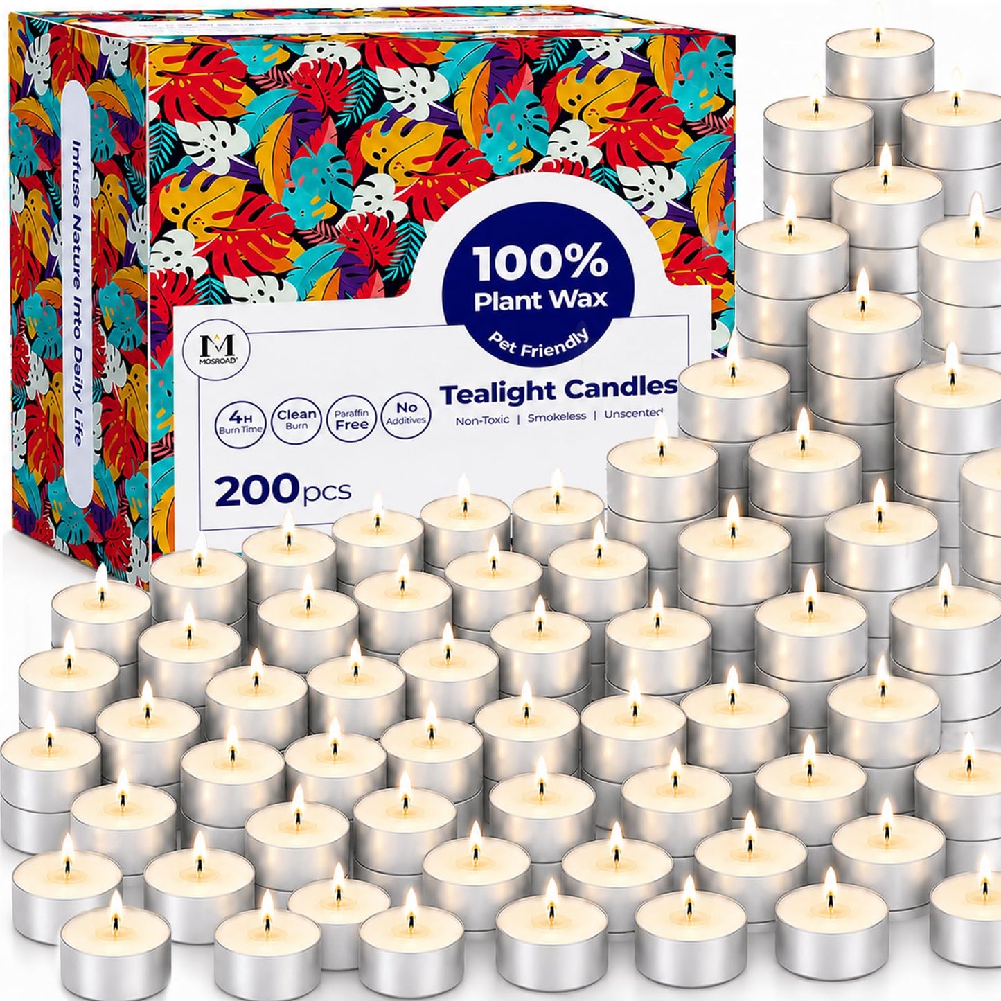 MOSROAD Tea Lights Candles 200 Pack, 4 Hour Palm Wax White Tealight Candle Bulk for Home, Natural Unscented Small Votive Candles for Wax Warmer, Smokeless Tea Light for Wedding, Shabbat, Emergency