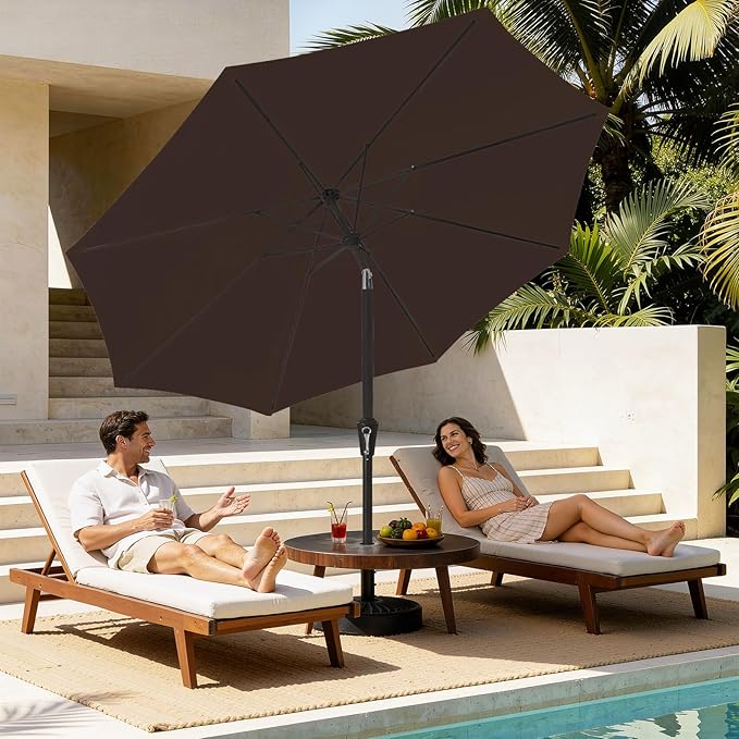 MEWAY 9ft Patio Umbrella Outdoor Table Umbrellas with Push Button Tilt and Crank, Market Umbrella 8 Sturdy Ribs for Deck, Garden, Pool and Backyard, Brown