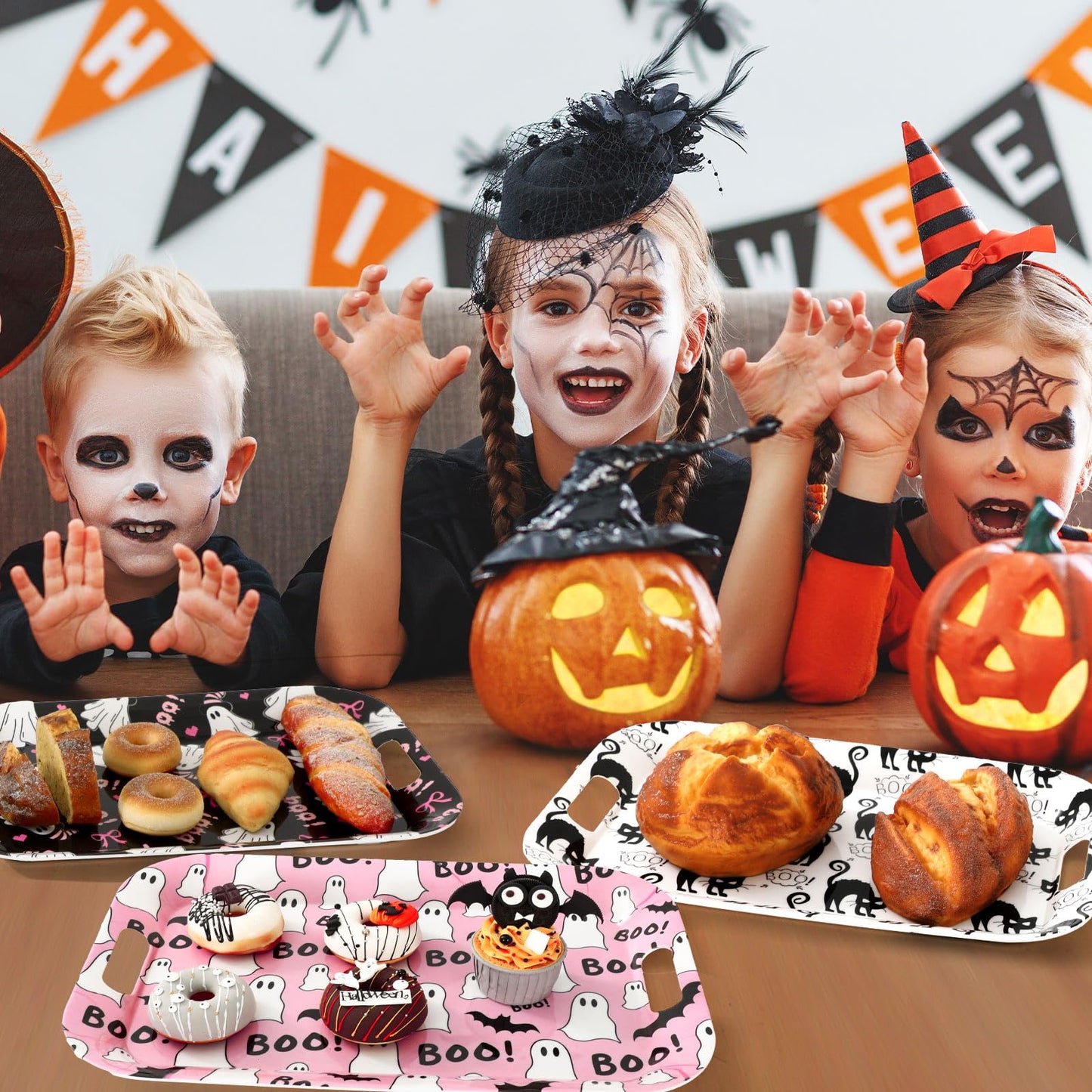 JarThenaAMCS 3Pcs Halloween Ghost Serving Trays 16.4 x 11 Inch Pink Boo Ghost Black Cat Platter with Handles Reusable Serving Dishes for Birthday Party Sharing Snacks Fruit Dessert