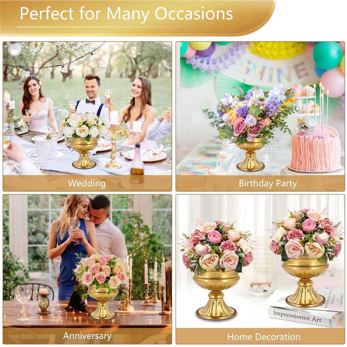 AZXTOPSEZ Gold Compote Vases for Centerpieces: Wedding Flower Vase for Tables 6.5 Inch Small Metal Urn Pedestal Bowl for Party Anniversary Event Home Decor Set of 2