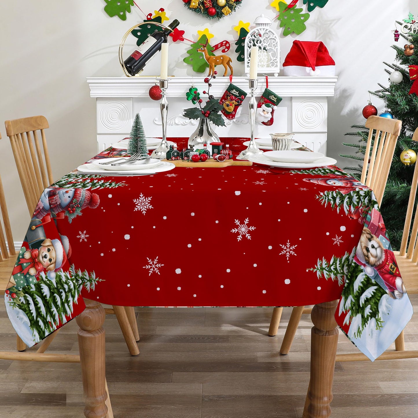 cusugbaso Christmas Tablecloth 60x84 Inches for Rectangle Tables - Red Christmas Decor for Table - Snowman Water Resistant Xmas Table Cloth, Party Decorations for Kitchen, Home