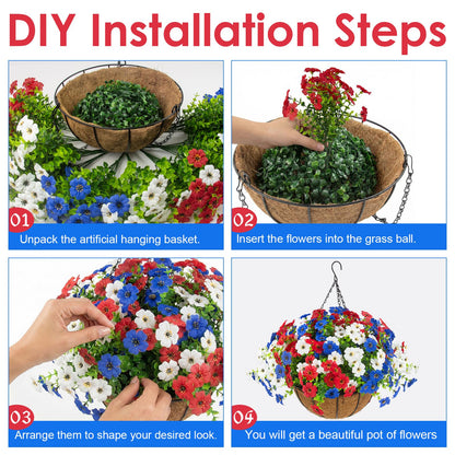 Hananona 2 Set Artificial Outdoor Flowers with Hanging Basket, 2 Hanging Planters with 24 Pcs Patriotic Flowers for Summer Front Porch Patio 4th of July Decor (Red, White, Blue)