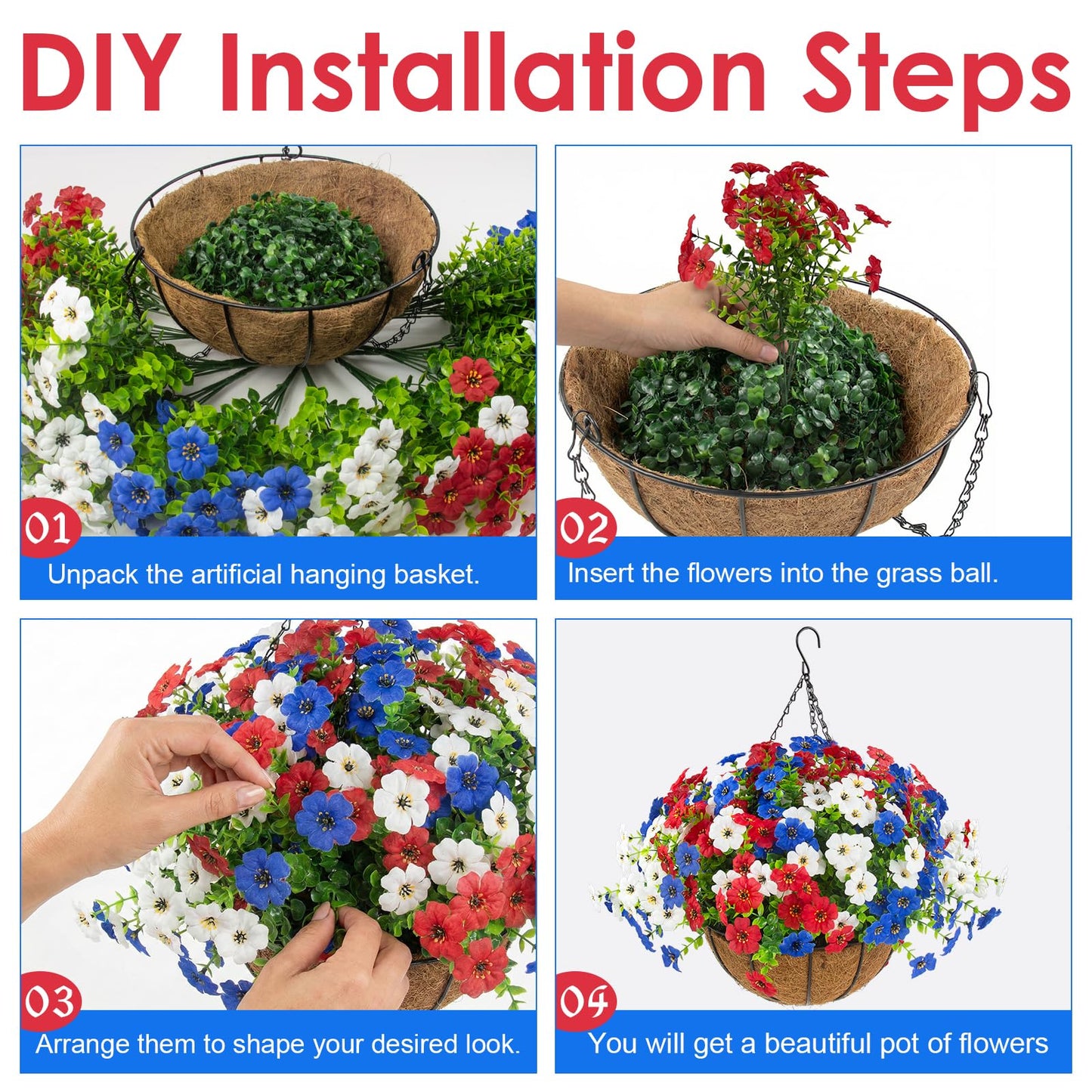Hananona 2 Set Artificial Outdoor Flowers with Hanging Basket, 2 Hanging Planters with 24 Pcs Patriotic Flowers for Summer Front Porch Patio 4th of July Decor (Red, White, Blue)