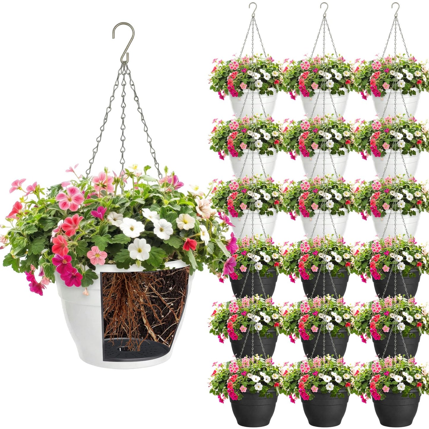Romooa 20 Pcs 10 Inch Plastic Self Watering Hanging Planters Bulk Hanging Baskets for Plants Indoor Outdoor with Drainage Holes and Chain Plant Pot for Garden, Balcony, Porch, Patio Decor